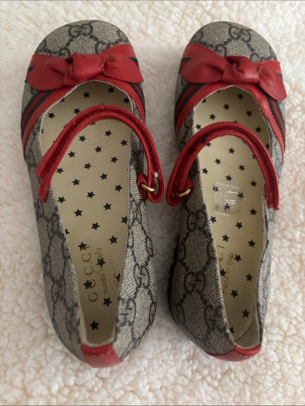 Gucci Beige GG Canvas Mary Jane Flats with Red Trim